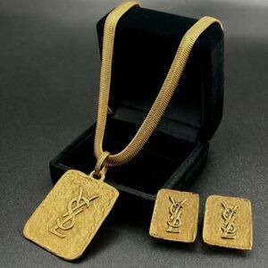 YSL Rectangular Hammered Large Necklace and Earrings Set